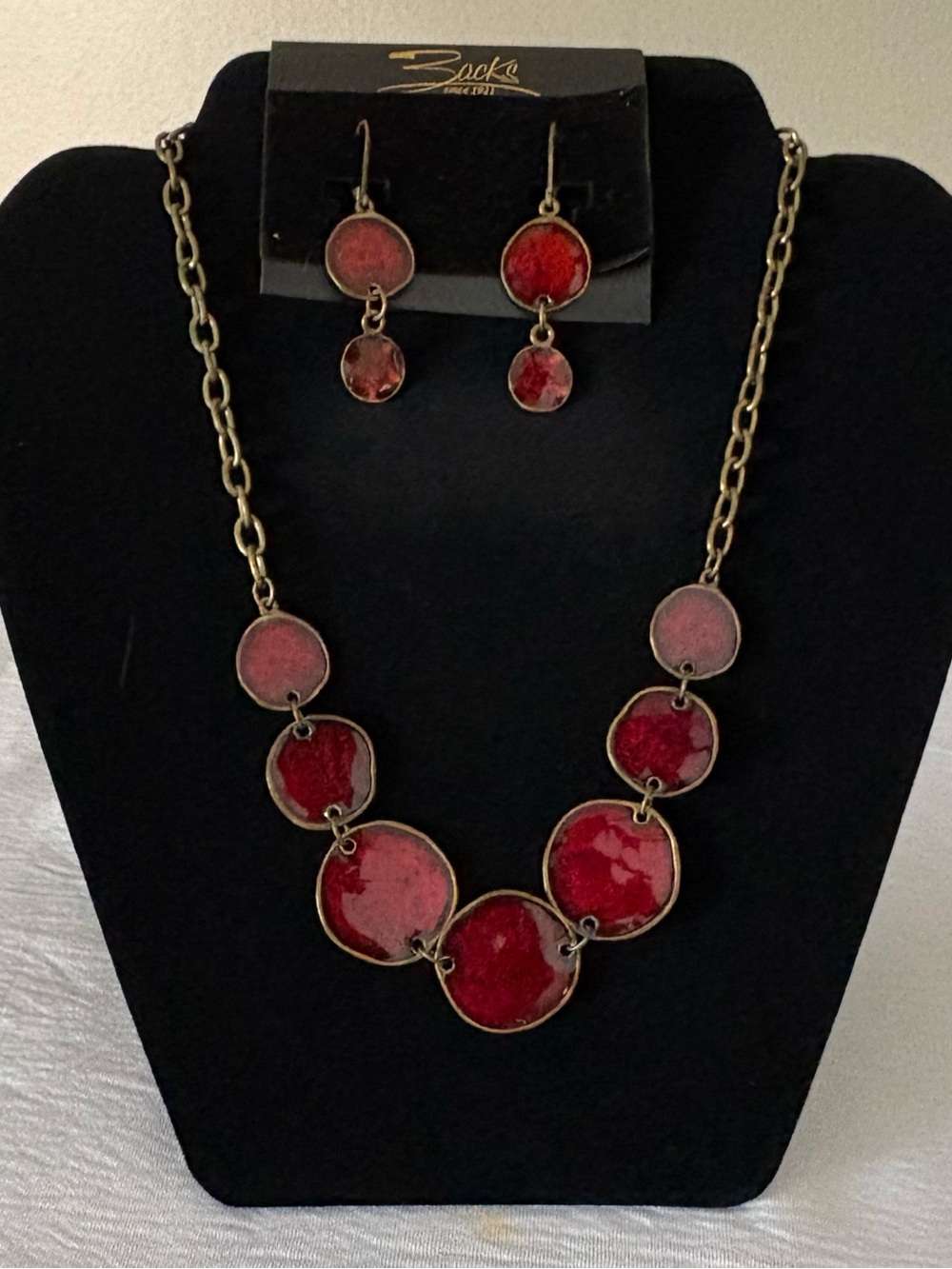 Zacks Deep Ruby Red Necklace & Pierced Earrings Jewelry Set